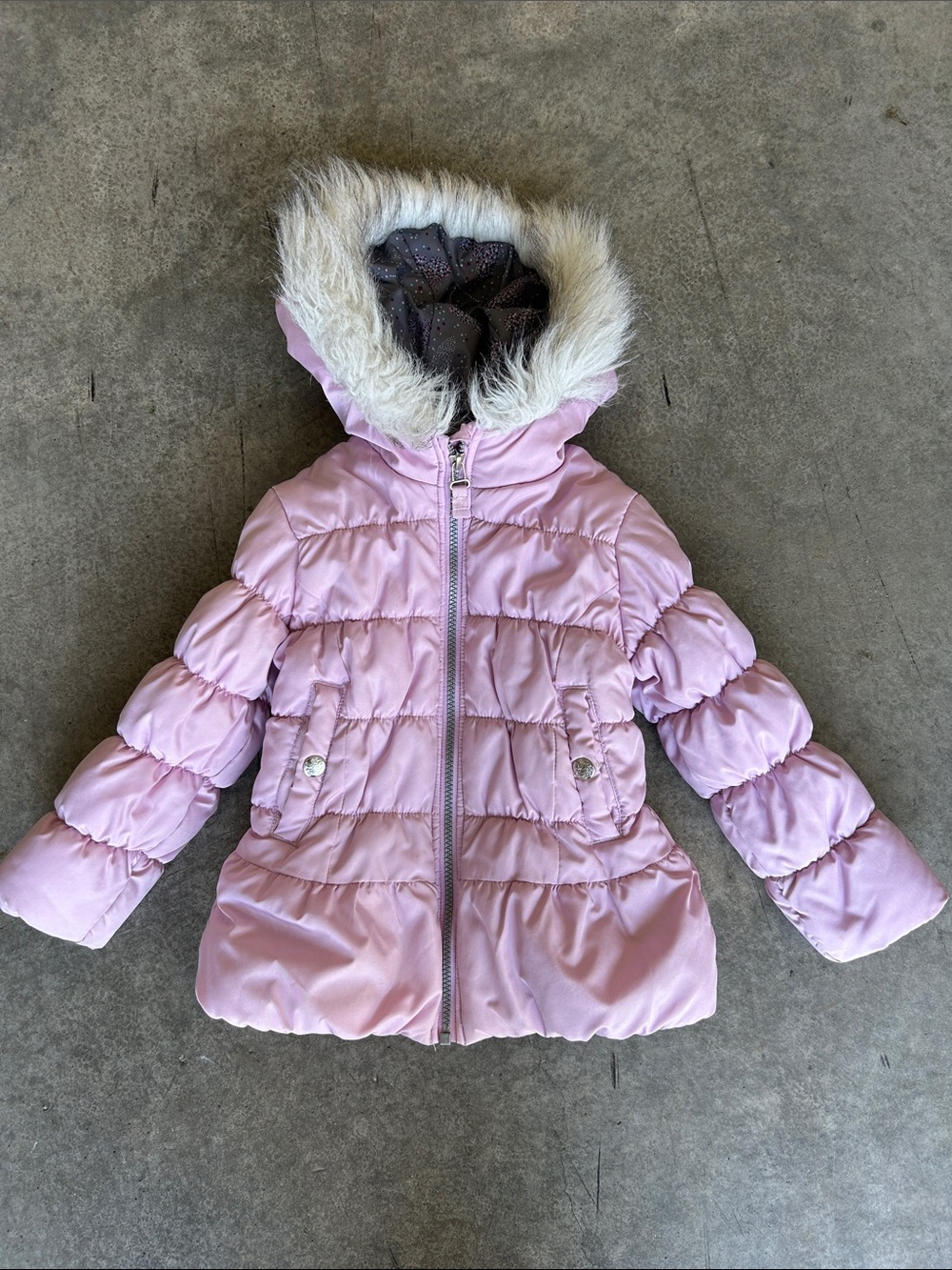 Toddler Lightweight Pink Hooded Puffer Coat with Faux Fur Trim